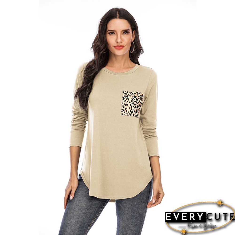 Khaki Leopard Pocket Long Sleeve Tops