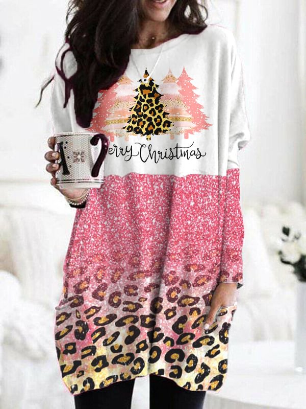 Women's Pink Christmas Leopard Print Long Sleeve T-Shirt