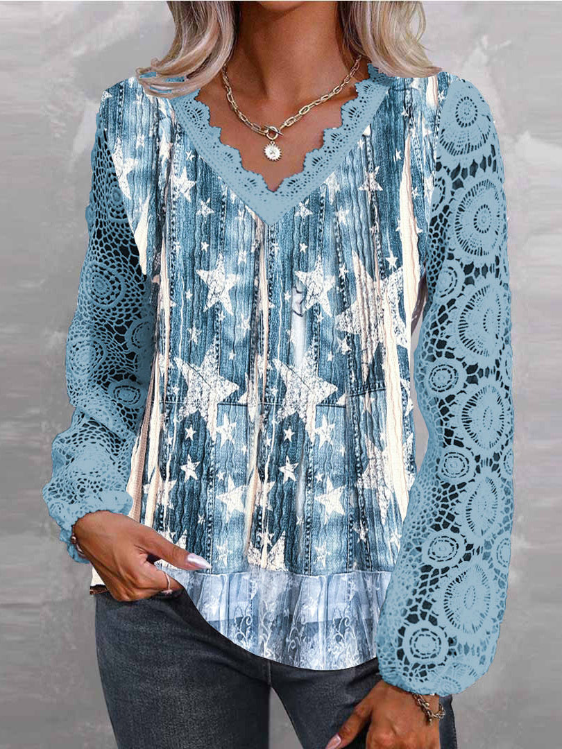 Women Long Sleeve V-neck Graphic Floral Printed Top