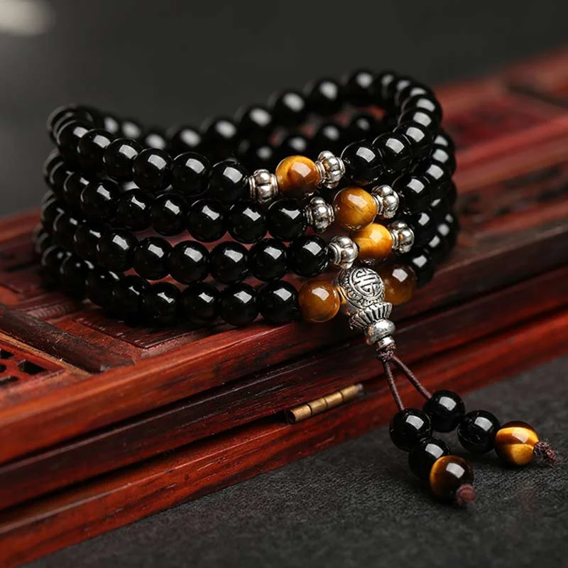 Black Obsidian Tiger Eye Blessing Mala Necklace Bracelet