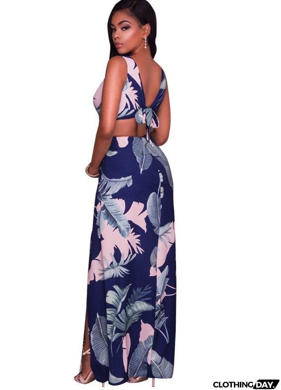 Deep V Plunge Leaves Print Maxi Dress