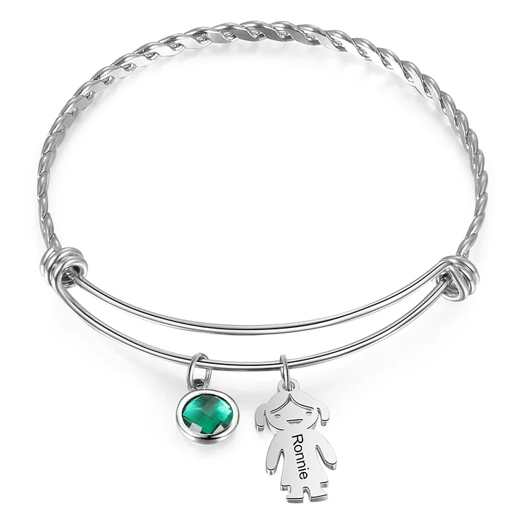 Personalized Kid Charm Bangle Bracelet Custom 1 Birthstone and Name for Her
