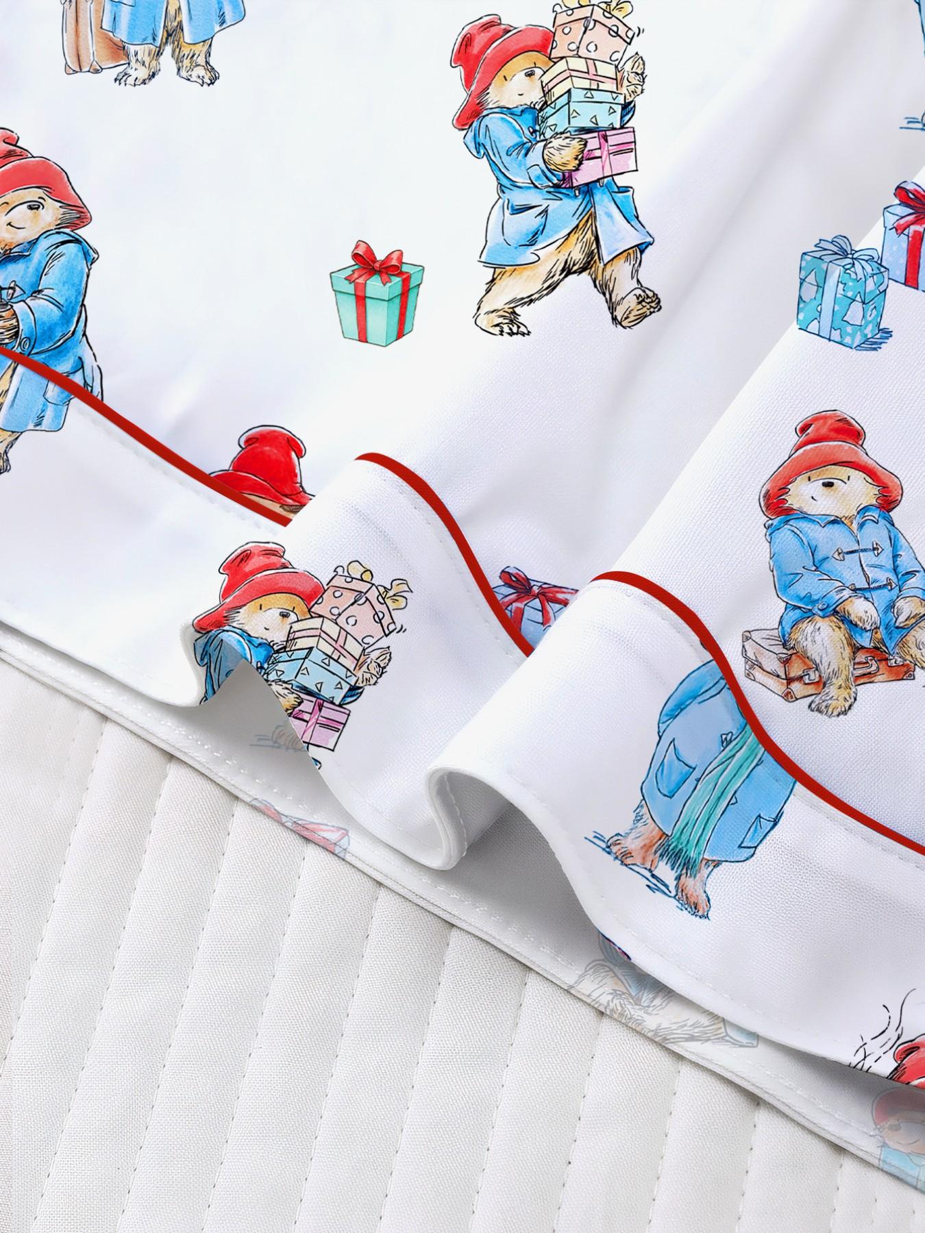Women's Cute Bear Print Sleepwear Set, Short Sleeve Lapel Shirt & Loose Elastic Shorts, Casual All-Season Home Wear