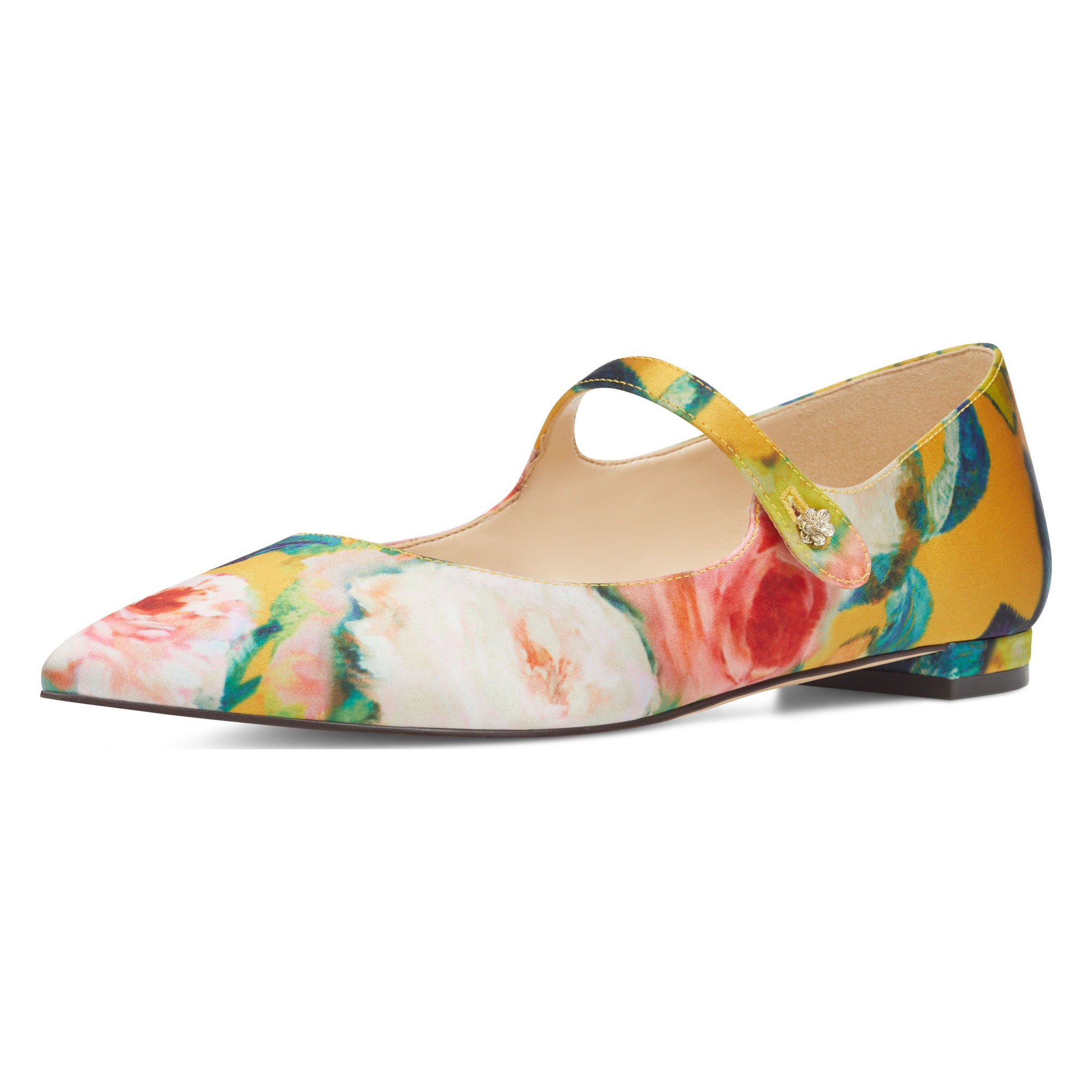 Floral Pattern Point Toe Mary Jane Flats, Multicolor Fashionable