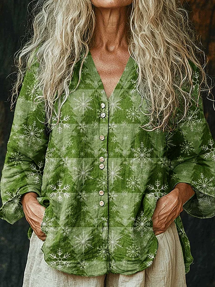 Womens Christmas Geometric Christmas Tree Pattern Long Sleeve Comfortable Cotton and Linen Shirt