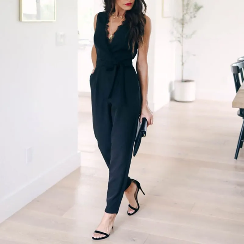 Fashion Lace Women Jumpsuit With Belt Sleeveless 2021 Summer New Casual V-neck Solid Women Black Jumpsuits Fashion Female Pants