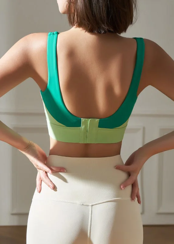 Modern Green U Neck Patchwork Sports Bra