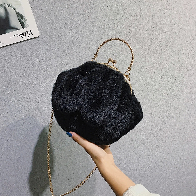 Women’s Plush Rabbit Solid Color Cute Round Lock Clasp Handbag Crossbody Bag