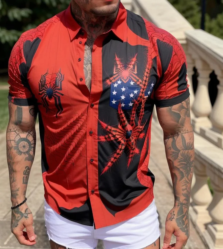 Men's Casual Spider Printed Short Sleeve Shirt at Hiphopee