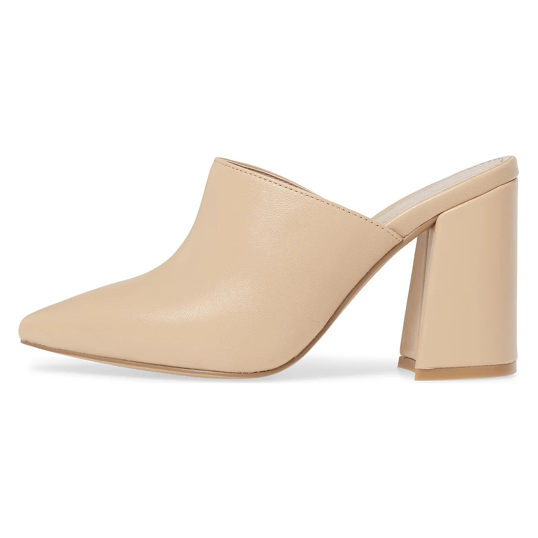 Beige Vegan Leather Pointed Toe Slip On Block Heel Mules for Women