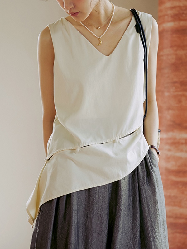 Button Irregular Hem Sleeveless Solid Color Blouses