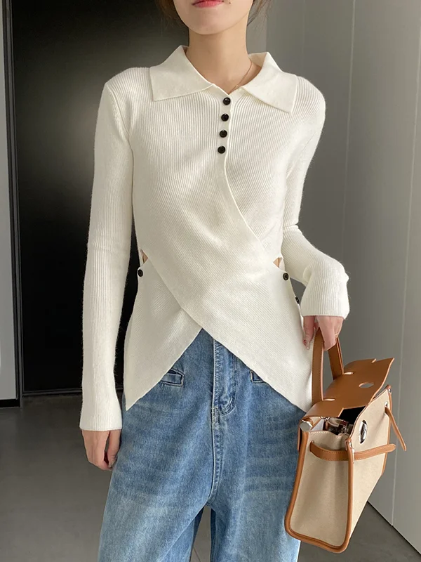 Hollow Buttoned Asymmetric Skinny Long Sleeves Lapel Sweater Pullovers Knitwear