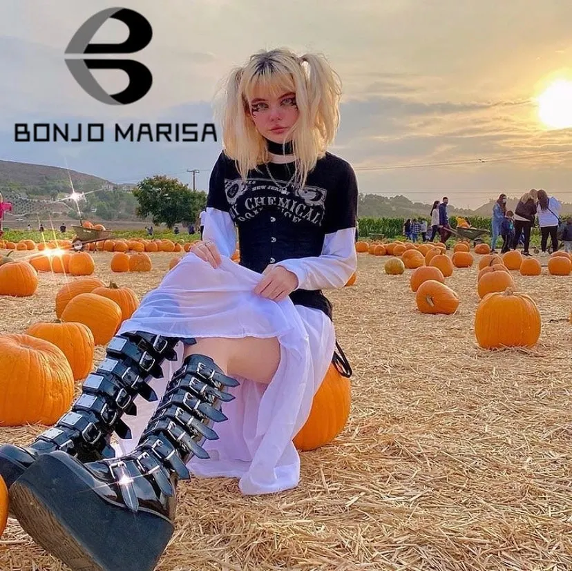 Big Size 48 Brand Design Platform Wedges Goth Black Mid Calf Motorcycle Boots Women Buckle Trendy Cool Punk Zipper Women Shoes