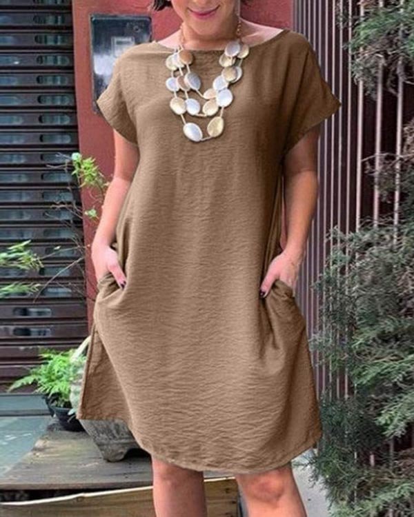 Cotton Loose Round Neck Short Sleeve Pocket Dress