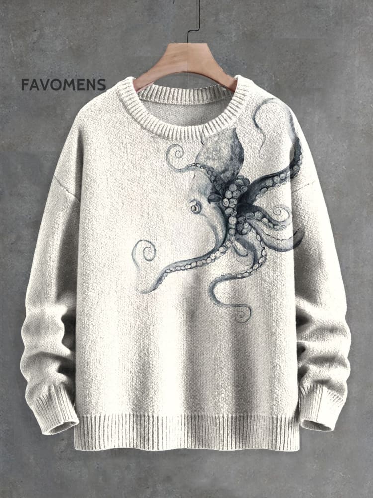 Deep Sea Octopus Swimming Tentacles Heart Art Print Knit Pullover Sweater Multicolor / S