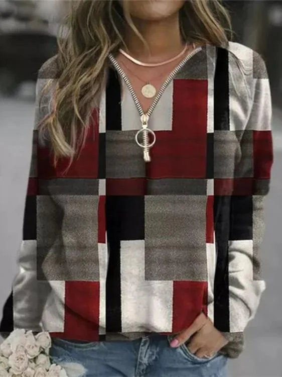 Women Long Sleeve V-neck Geometric Colorblock Top
