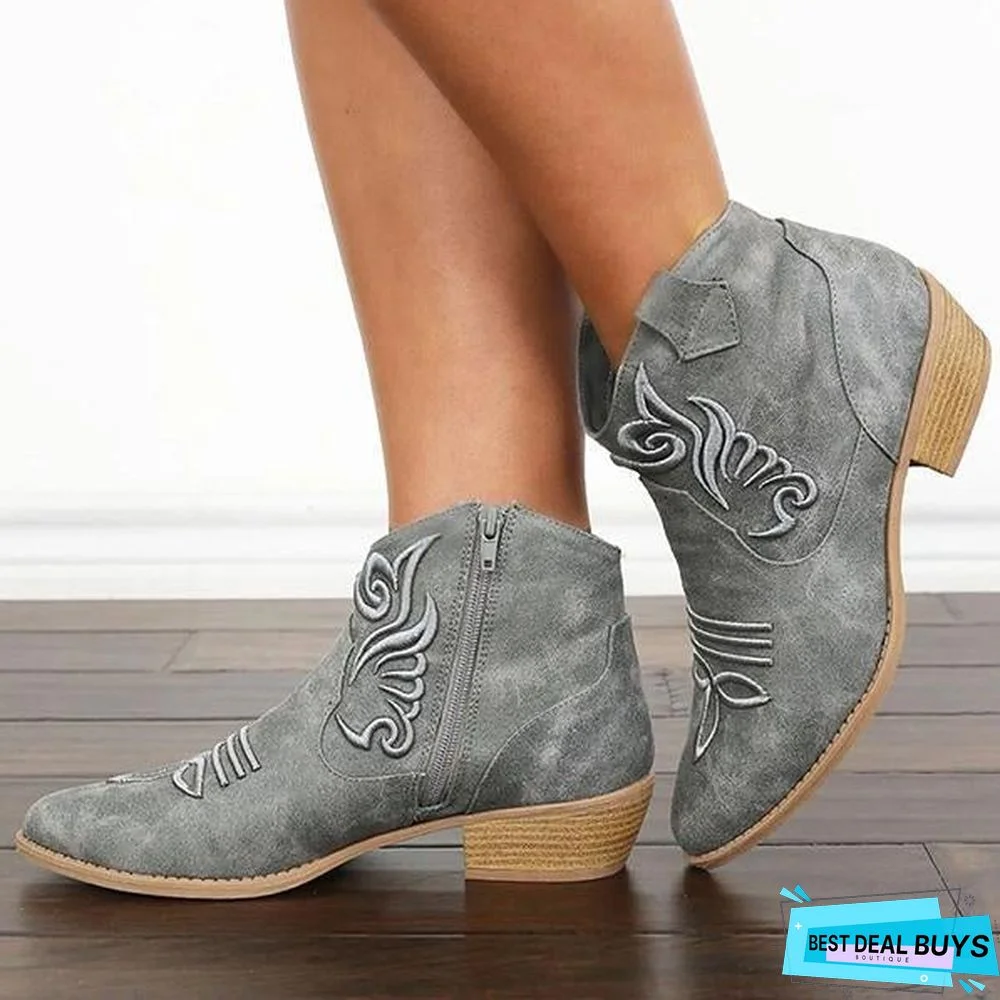 Embroidery Zipper Vintage Round Toe Boots