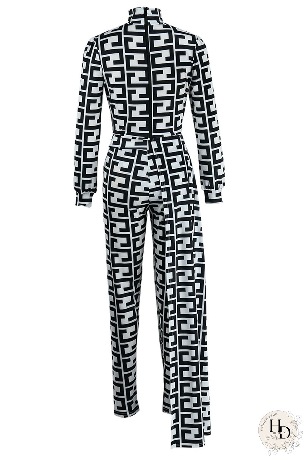 Black And White Casual Print Asymmetrical Half A Turtleneck Long Sleeve Two Pieces