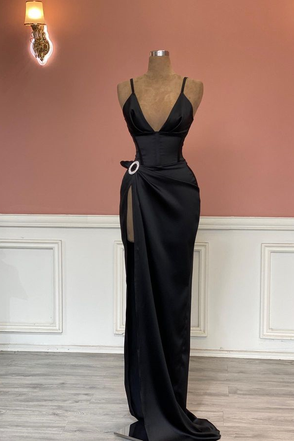 Dresseswow Black Sleeveless V-Neck Mermaid Prom Dress With Split