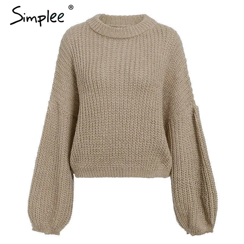 Simplee Winter lantern sleeve knitted sweater pullover Women loose O-neck solid sweater Female autumn casual sweater jumper new