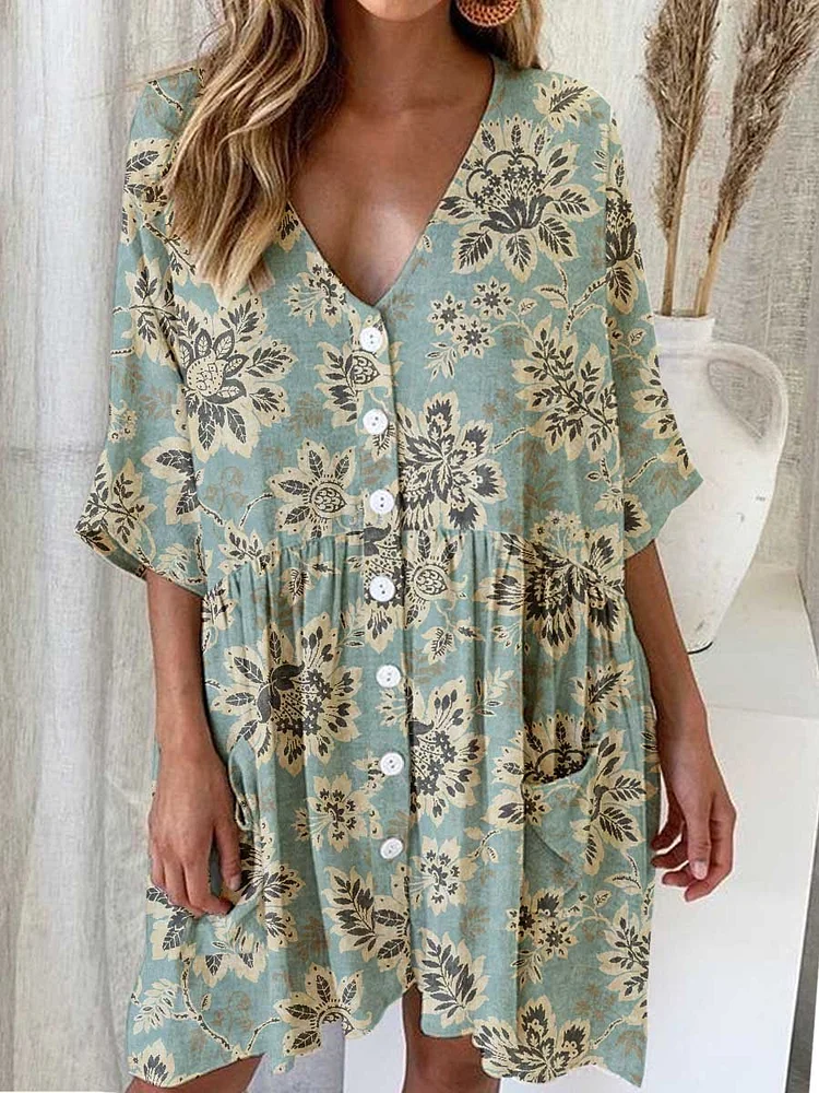 Women's Elegant Floral Cotton and Linen Shirt Style Loose Dress