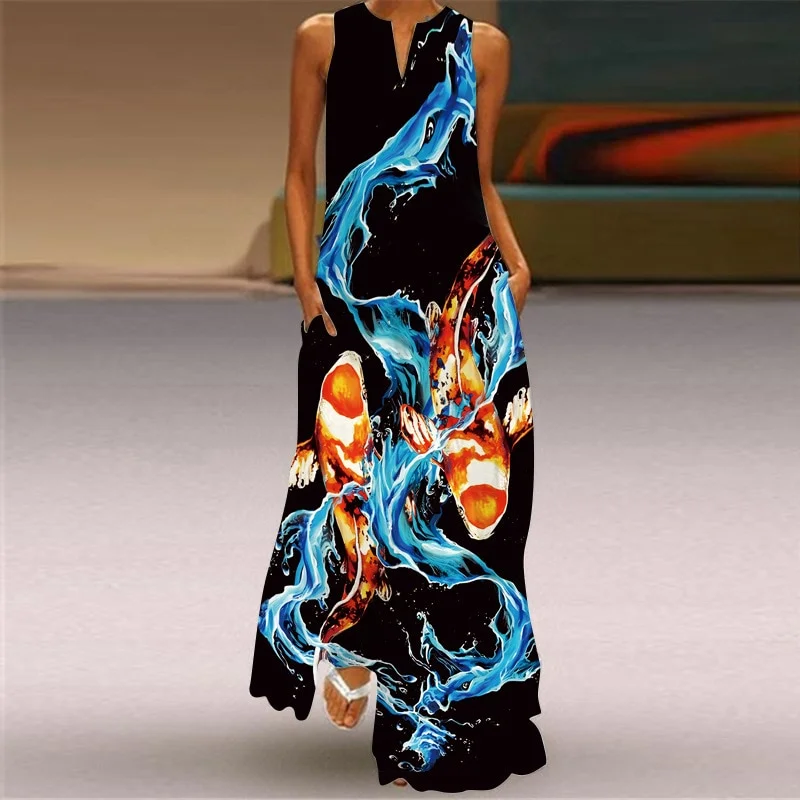 New Summer Fashion Print fashion Insert Pocket Long Dress Elegant Women's Fashion Loose V-neck Mandarin Duck Print Dresses Vestidos