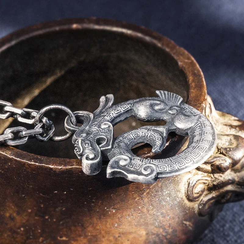 Round Dragon 999 Sterling Silver Auspicious Cloud Luck Necklace Pendant