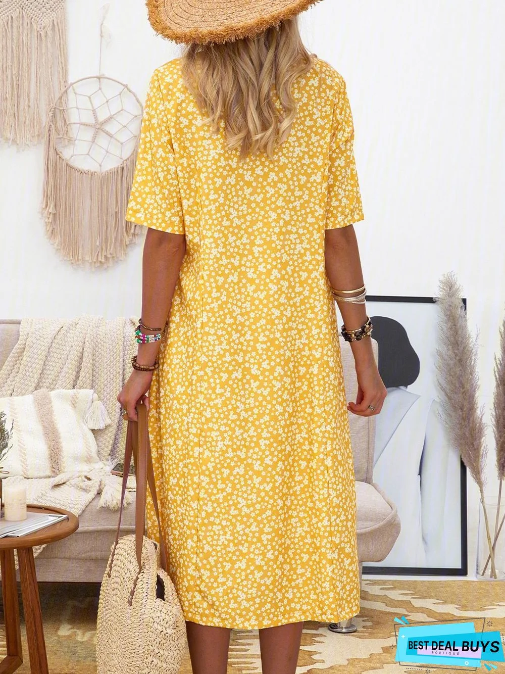 Women Casual Flora-Print Short Sleeve Casual Dress