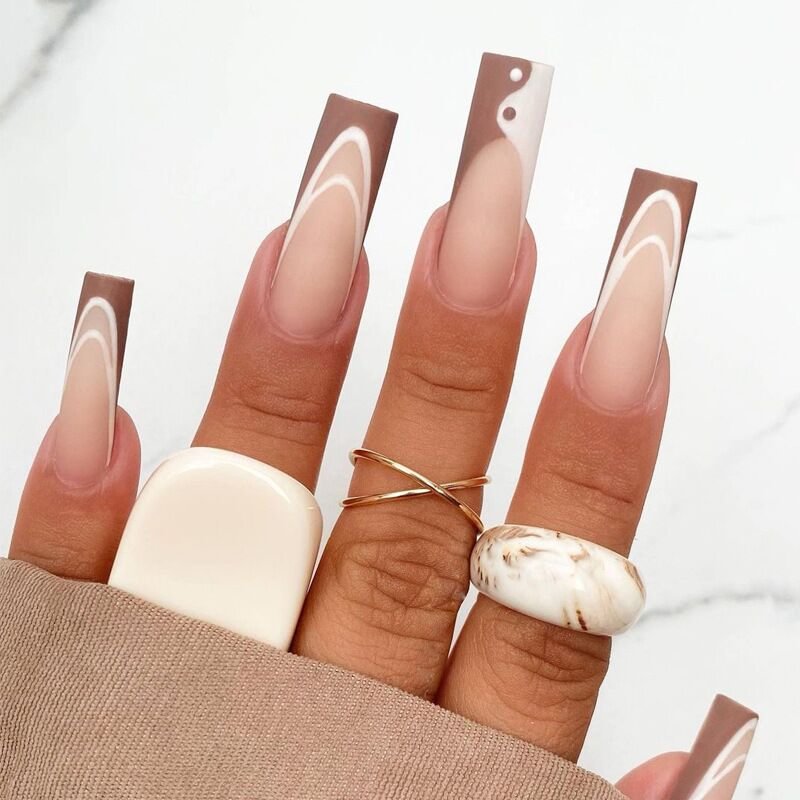 24pcs/Set  French False Nails Extra Long Taiji Pattern Coffin Fake Nails Professional DIY Acrylic Ballerina Full Nail Art Tips