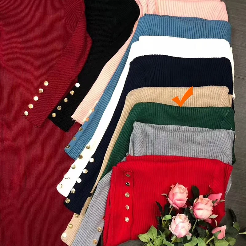 Winter Dress Women Turtleneck Sweater Dress Buttoned Long Sleeve Midi Knitted Bodycon Dress Elegant Womens Dresses Clothing Robe