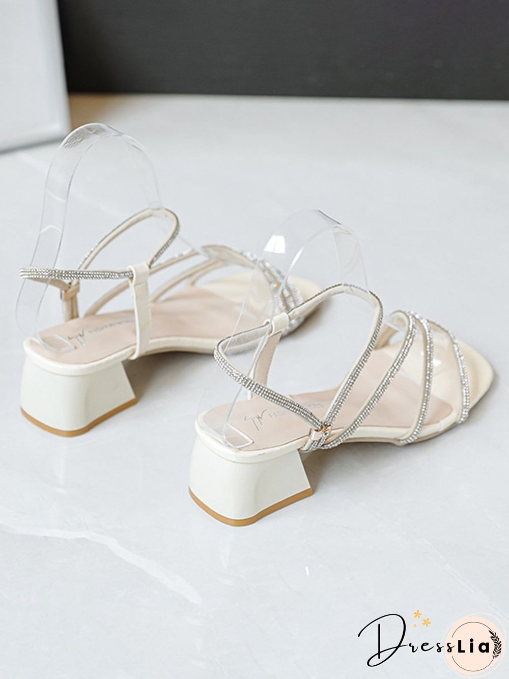 Rhinestone Thin Strap Chunky Heel Sandals