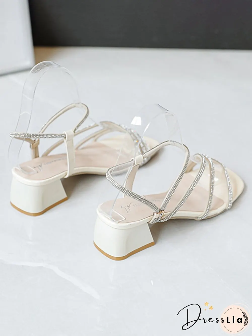 Rhinestone Thin Strap Chunky Heel Sandals