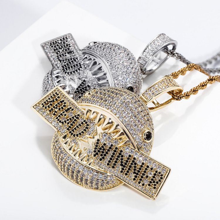 Iced Out Shark Bread Winner CZ Pendant Necklace Jewelry