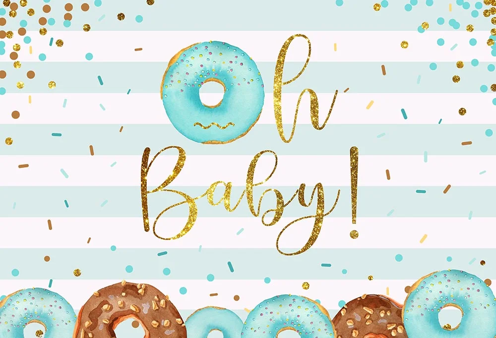 Blue Donut And Gold Oh Baby Shower Backdrop RedBirdParty