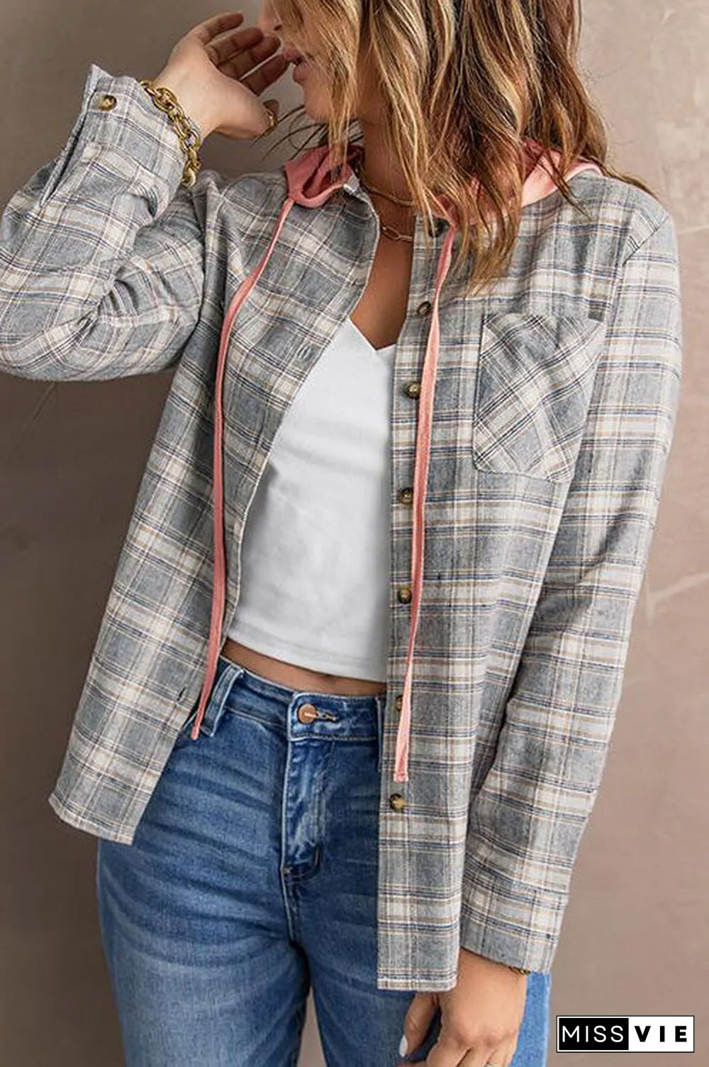 Flannel Plaid Button Down Hoodie Top