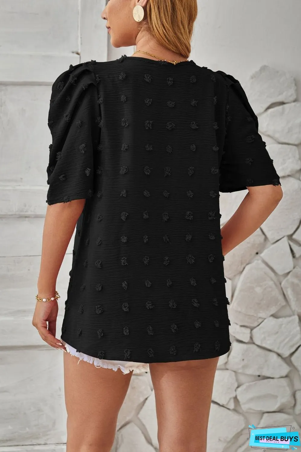 Swiss Dot Round Neck Short Sleeve Blouse
