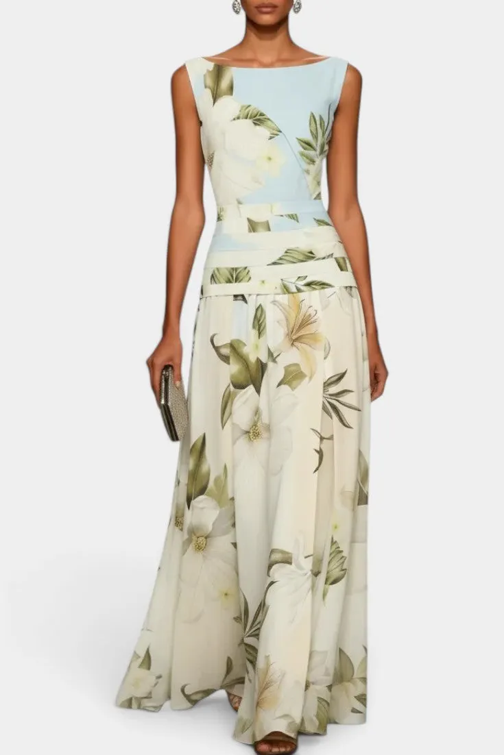Botanical Print Maxi Dress with Belted Waist