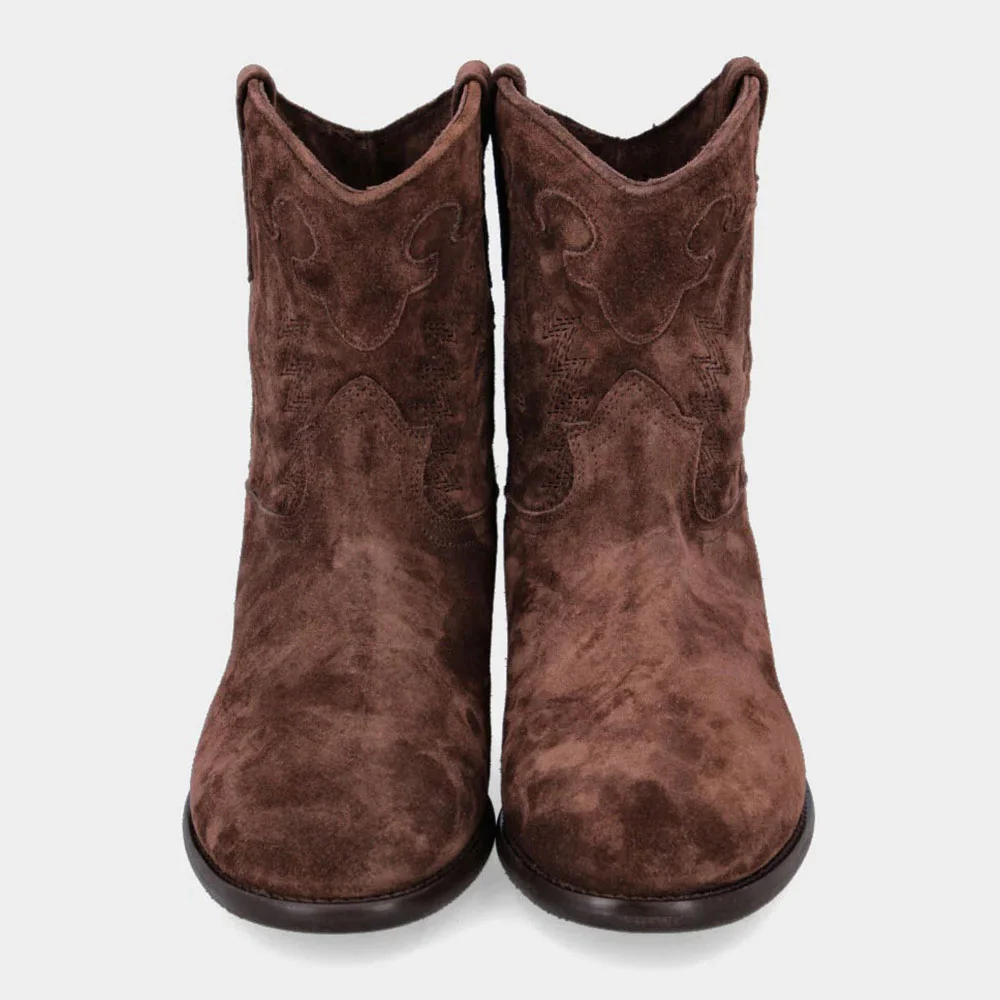 Brown Vegan Suede Round Toe Low Heel Embroidered Cowgirl Booties