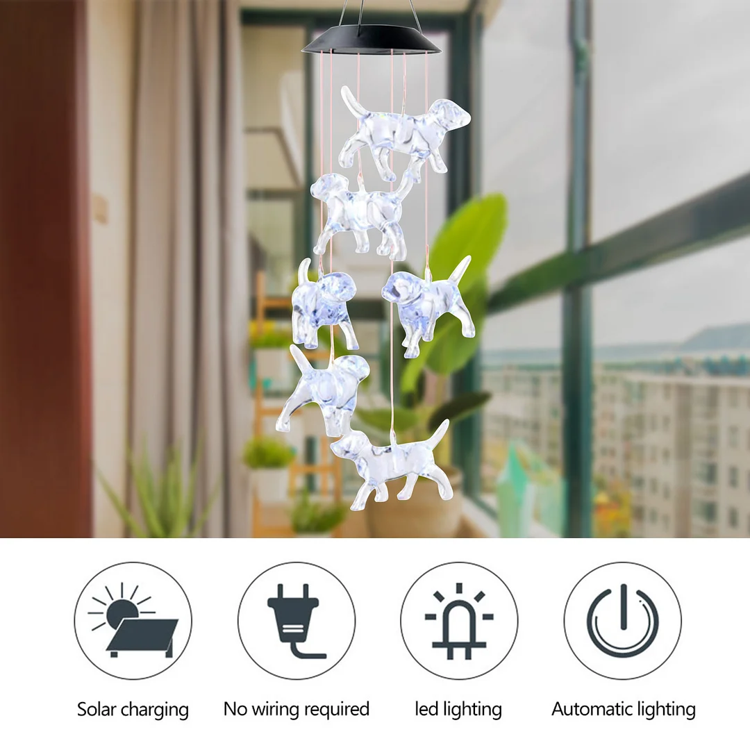 LED Solar Wind Chimes Color Changing Dog Hanging Decor for Yard Garden