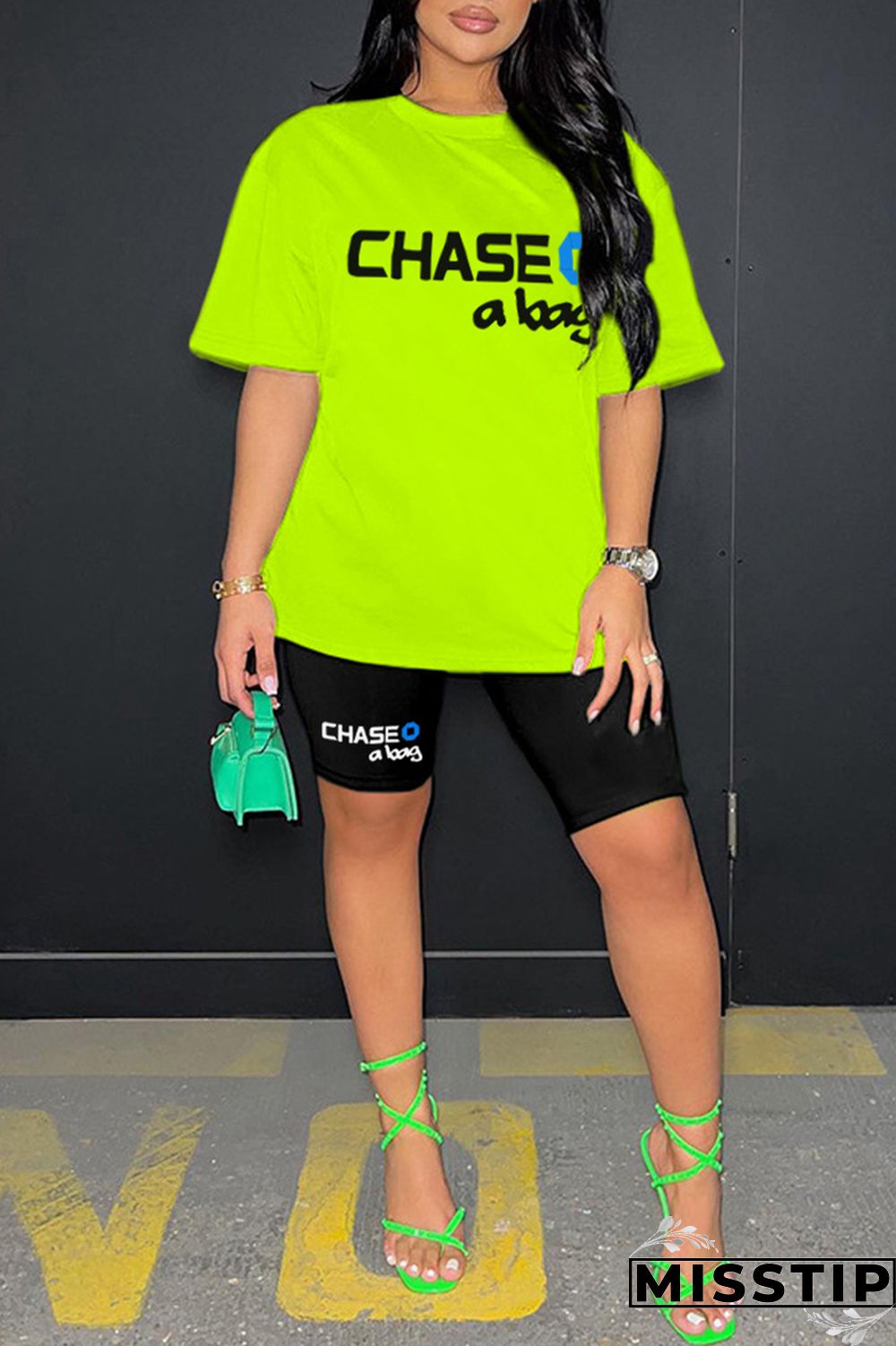 Ginger Casual Letter Print Basic O Neck Short Sleeve Two Pieces