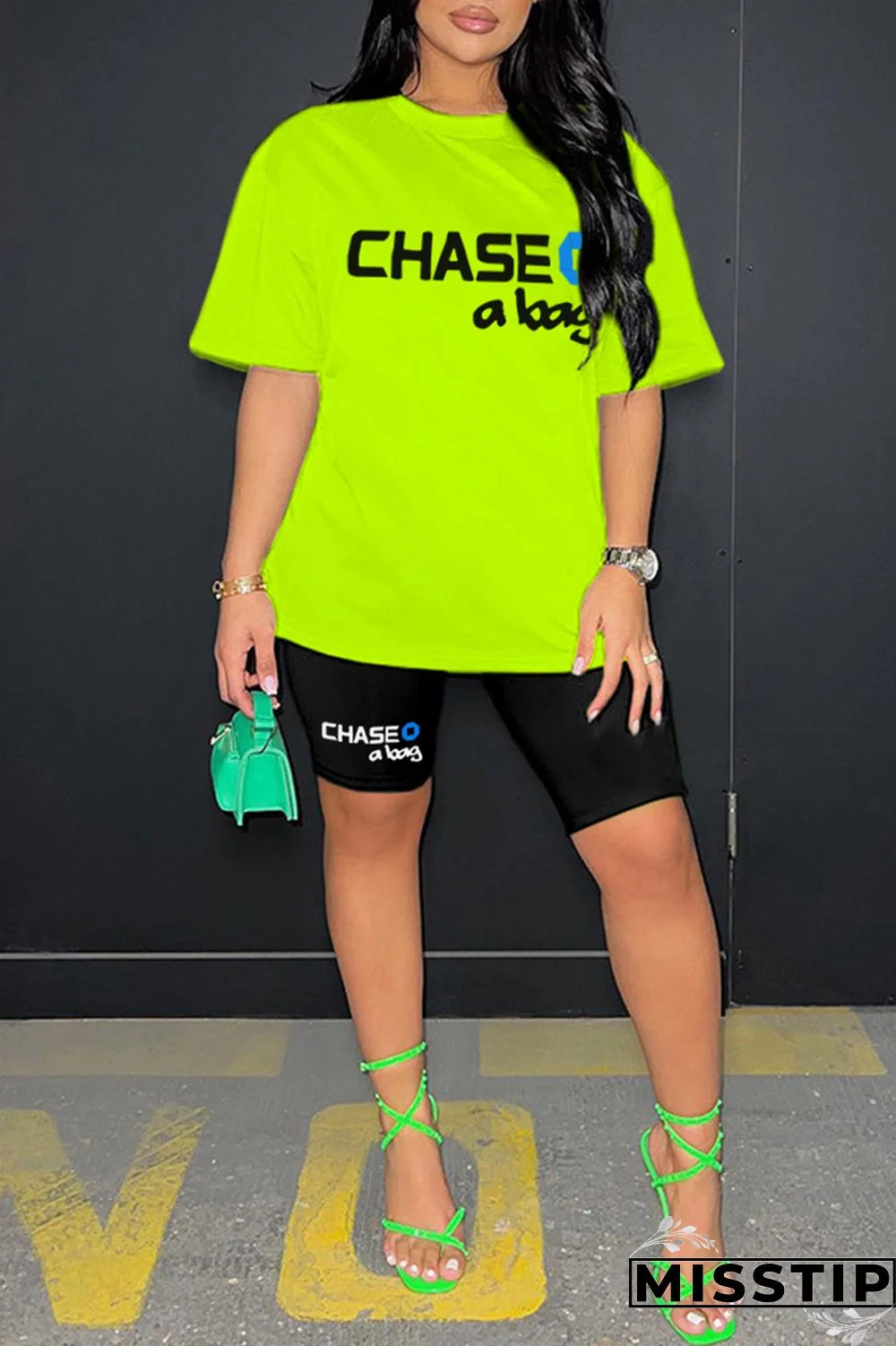 Ginger Casual Letter Print Basic O Neck Short Sleeve Two Pieces