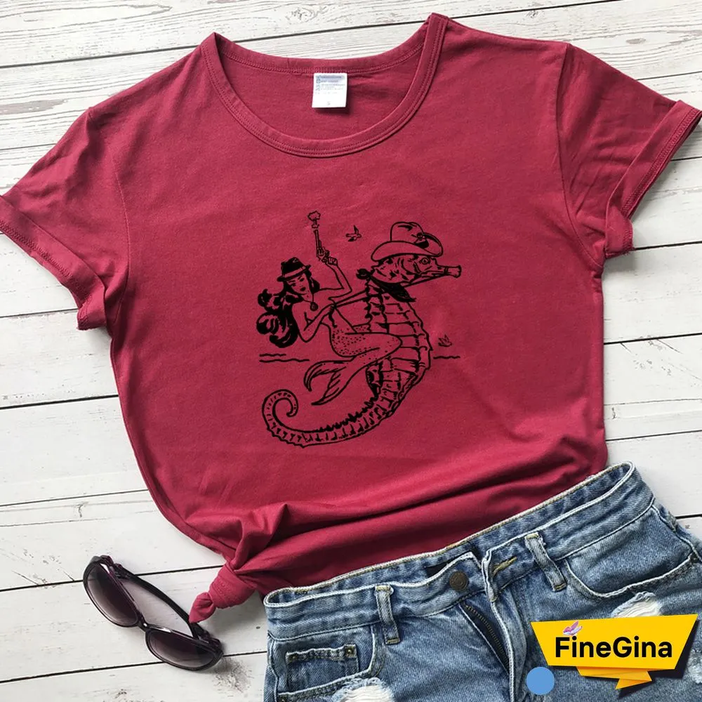 The Cowgirl Mermaid 100% Cotton T-shirt Aesthetic Sea-haw Rodeo Western Tshirt Funny Women Hipster Graphic Tee Shirt Top