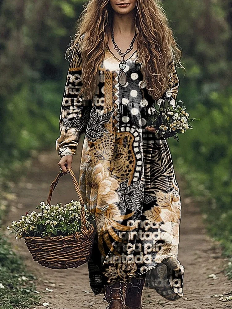 Women's Leopard Floral Art Print Pocket Cotton V Neck Long Sleeve Dress