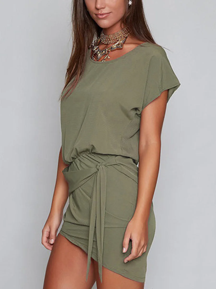 Irregularity Short Sleeves Girdle Casual Dresses