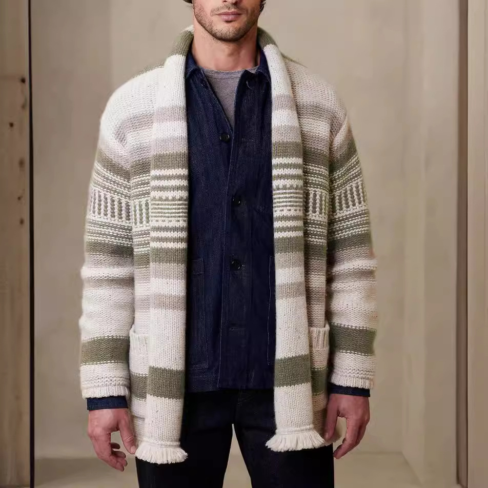 Men's Lapel Striped Knitted Cardigan