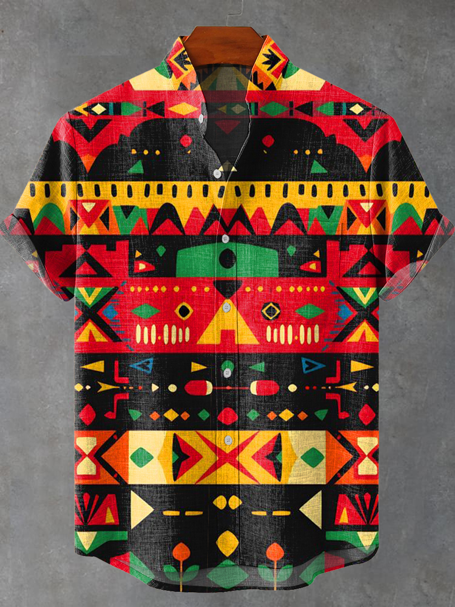 Vintage African Abstract Geometric Stripes Painting Art Print Casual 100% Cotton Shirt