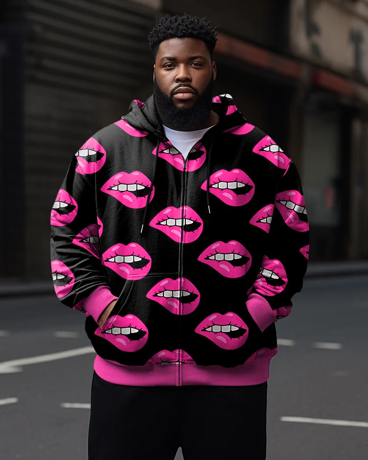 Men's Plus Size Casual Pink Art Flame Lips Zipper Hoodie