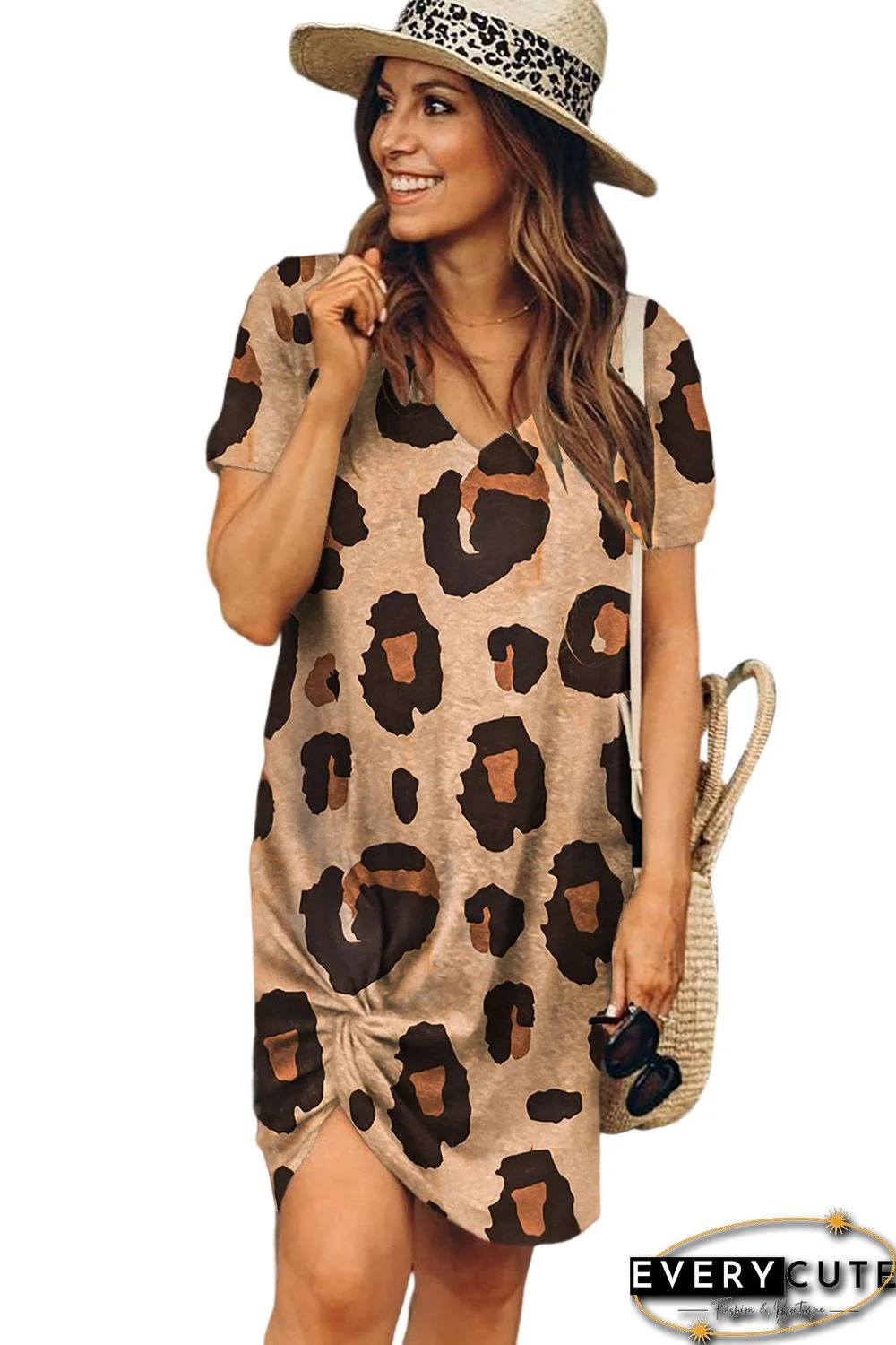 V Neck Leopard T-shirt Dress with Twist