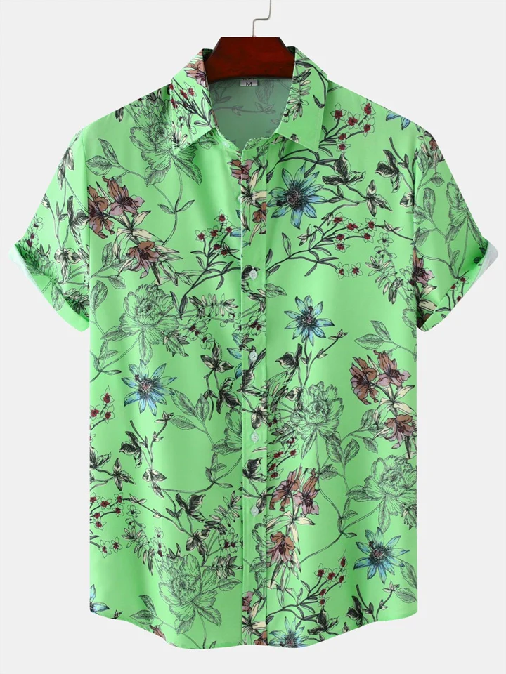 Summer New Floral Print Men's Casual Lapel Shirt Short-sleeved Floral Shirt Slim-type Men's Clothing-JRSEE