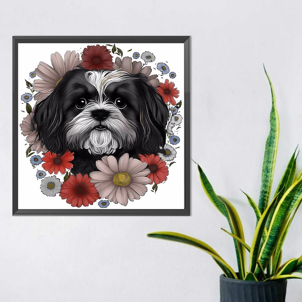 Diamond Painting - Full Round Drill - Flower Dog(Canvas|30*30cm)